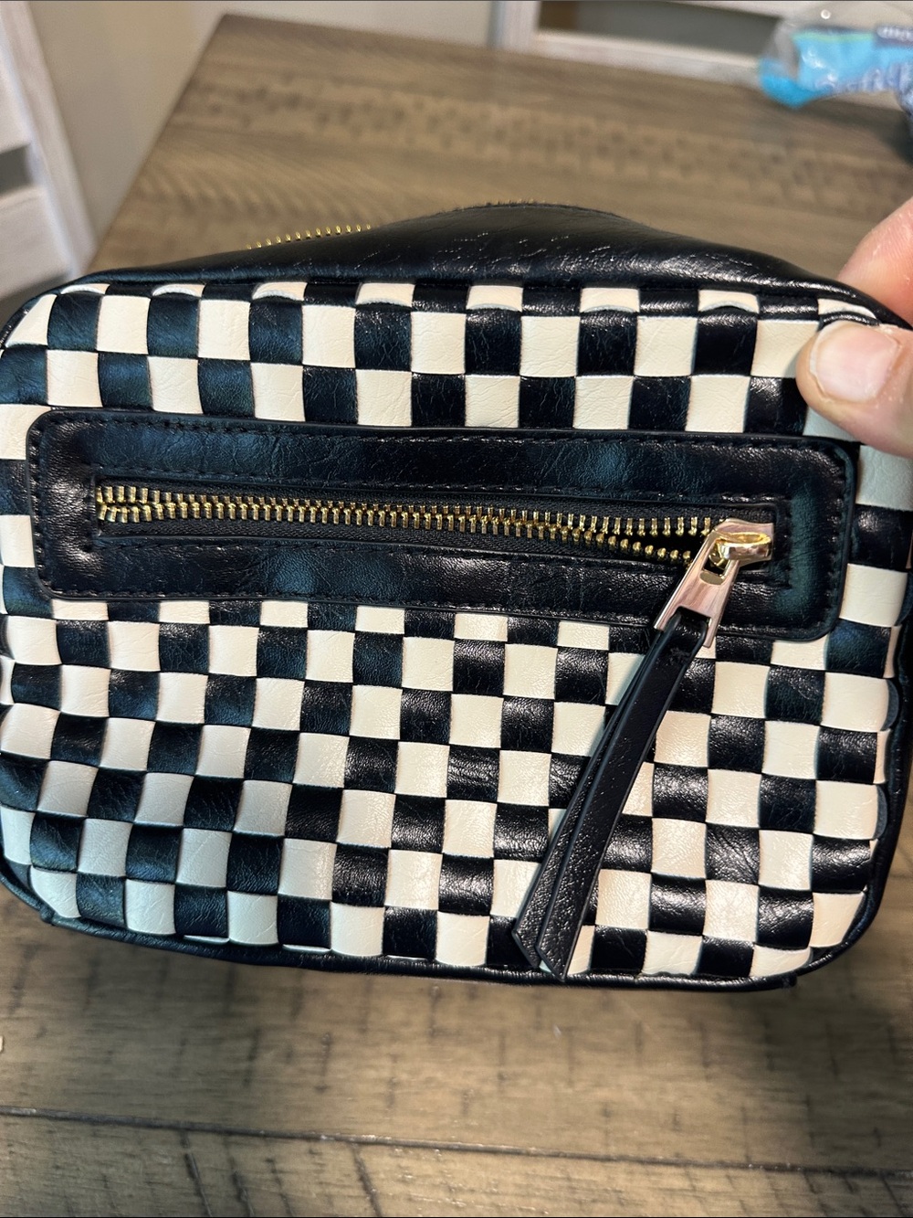 Black & White Checkerboard Leather Crossbody Bag